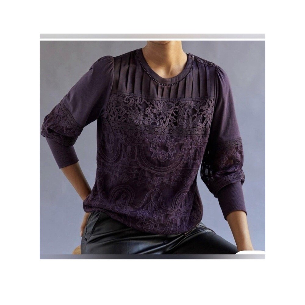 TINY by Anthropologie Top Embroidered Crochet Size Medium Plum Boho Shirt
